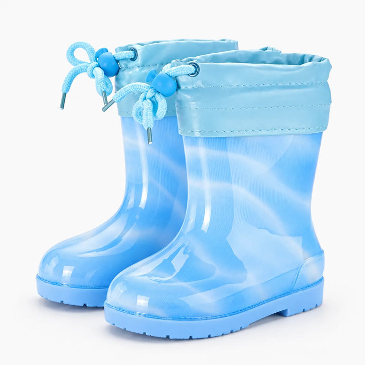 Pair of light blue rain boots with a blue drawstring cuff and braided cords tied in bows. 13