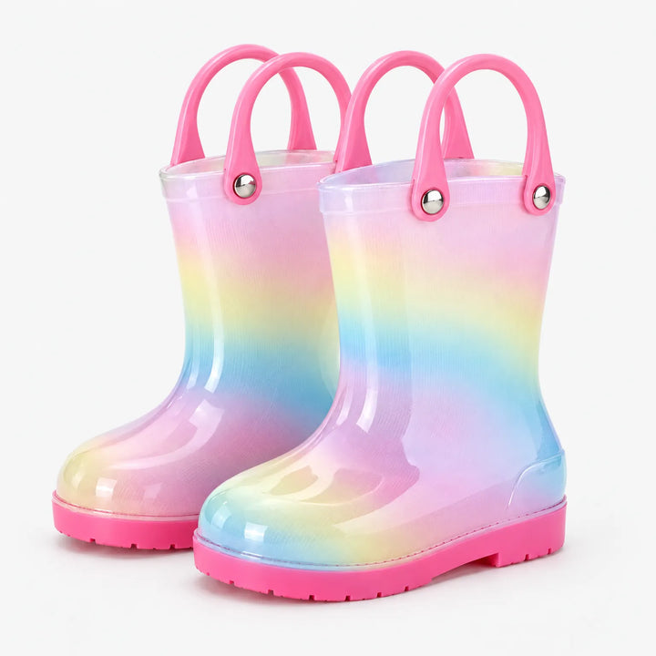 Pair of pastel rainbow gradient rain boots with pink handles, silver rivets and a hot pink sole, no bow. 8