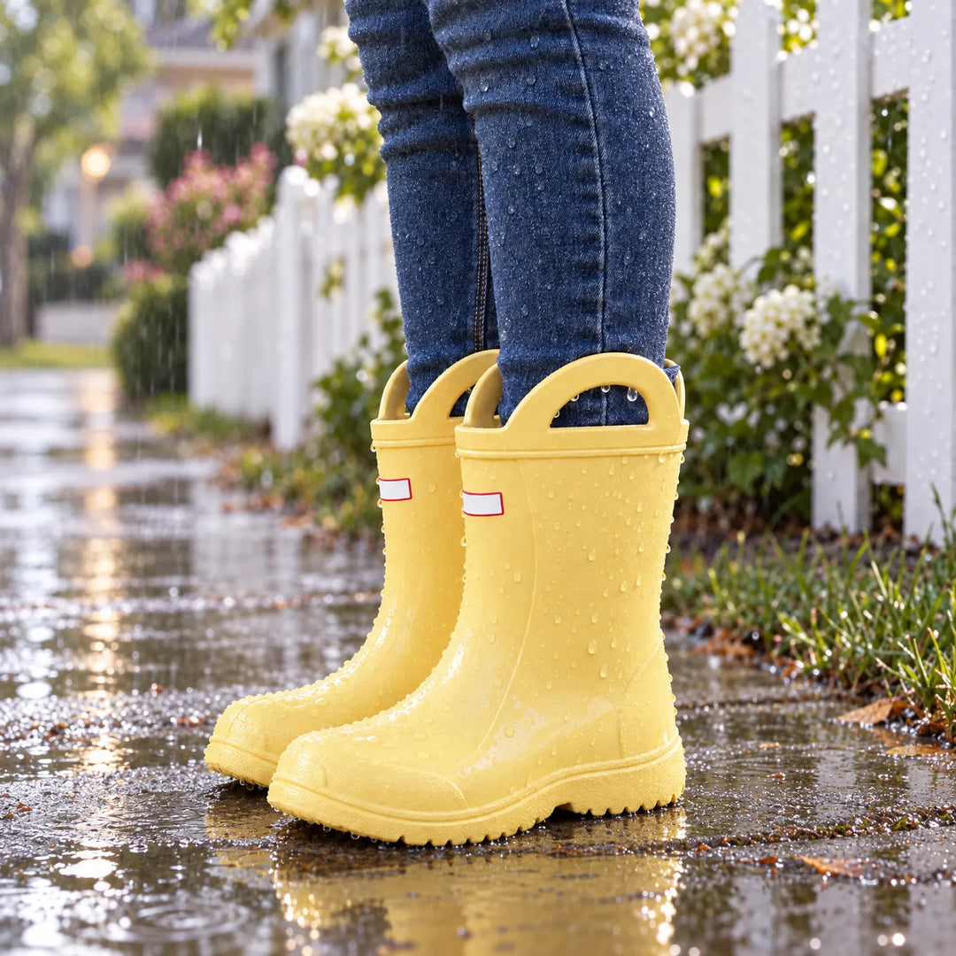 Child wearing yellow rain boots with pull-on handles and jeans, standing in a rainy puddle beside a white picket fence. 1