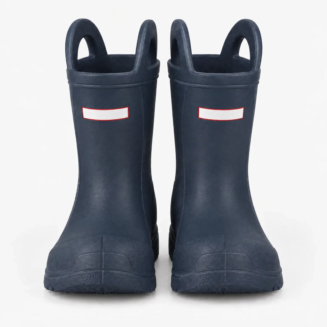Front view of a second pair of navy blue rain boots with top handles and ridged soles. 10