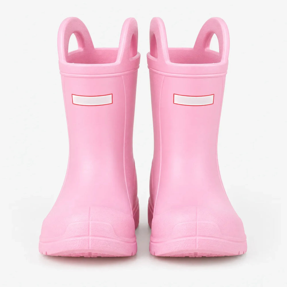 Front view of a pair of pink rain boots with two top handles and reinforced rubber toe caps. 2