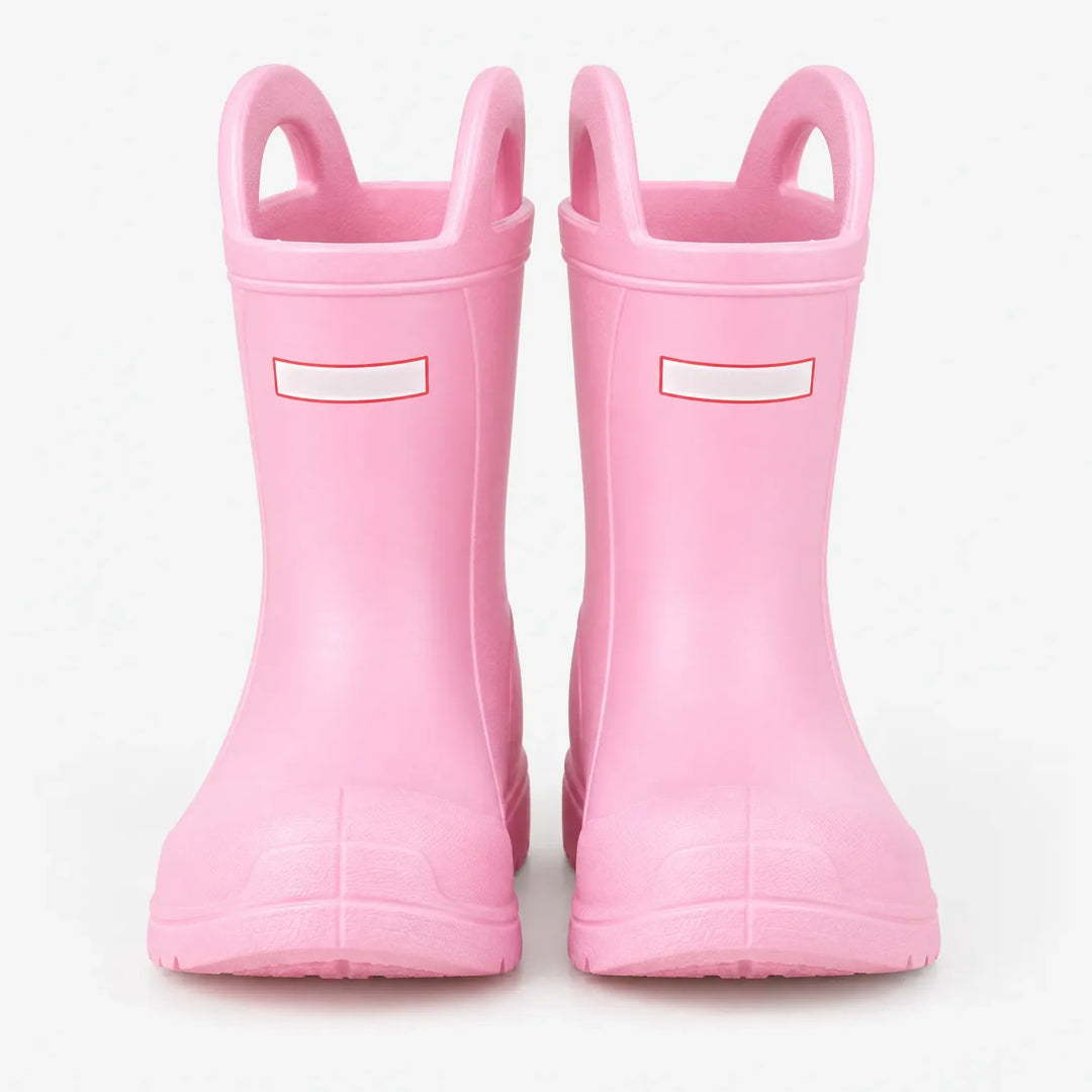 Front view of a pair of pink rain boots with two top handles and reinforced rubber toe caps. 2