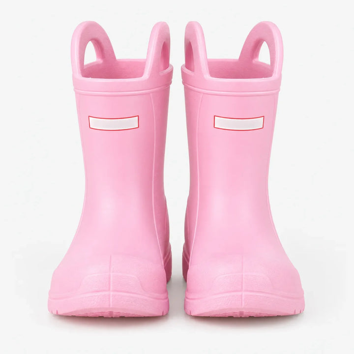 Front view of a pair of pink rain boots with two top handles and reinforced rubber toe caps. 2