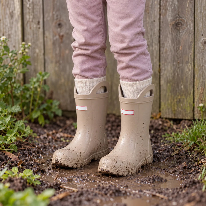 Child in beige rain boots with cream wool socks and pink pants standing in mud beside a wooden fence. 3