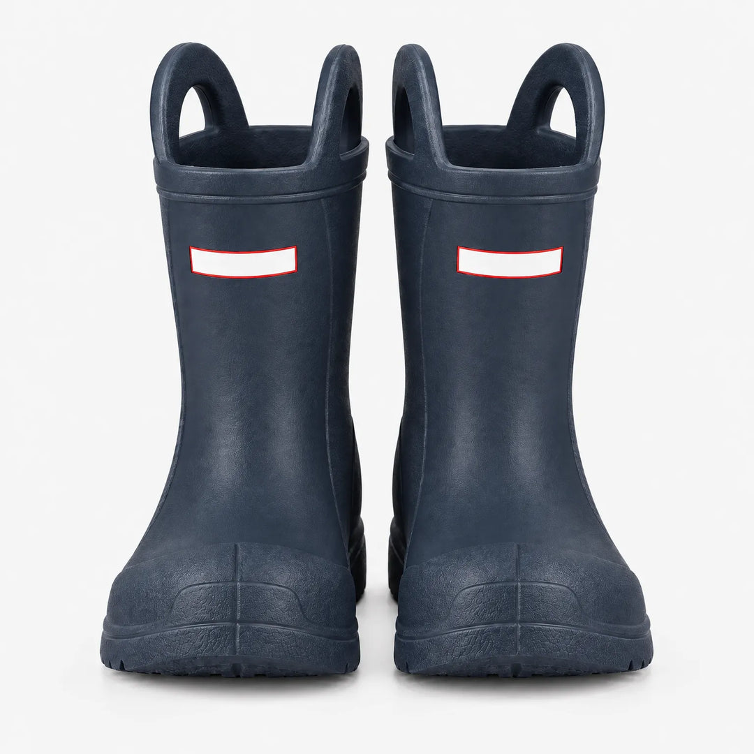 Front view of a pair of navy blue rain boots with top handles and sturdy toe caps. 4