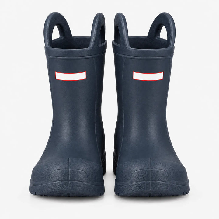 Front view of a pair of navy blue rain boots with top handles and sturdy toe caps. 4