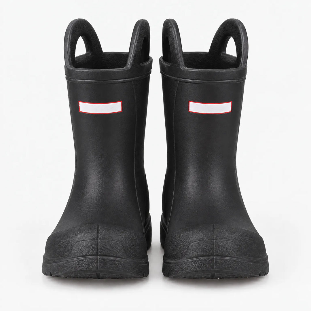 Front view of a pair of black rain boots with two top handles and textured toe caps. 8