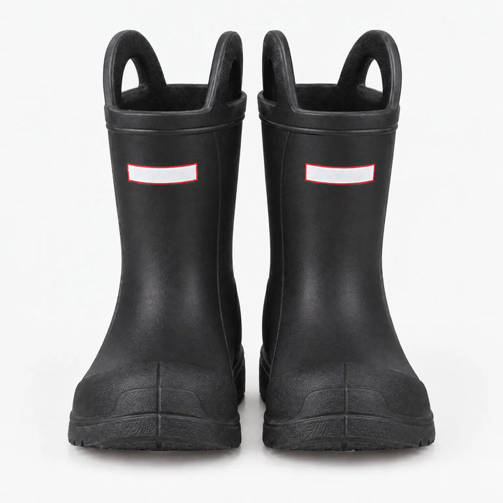 Front view of a pair of black rain boots with two top handles and textured toe caps. 8