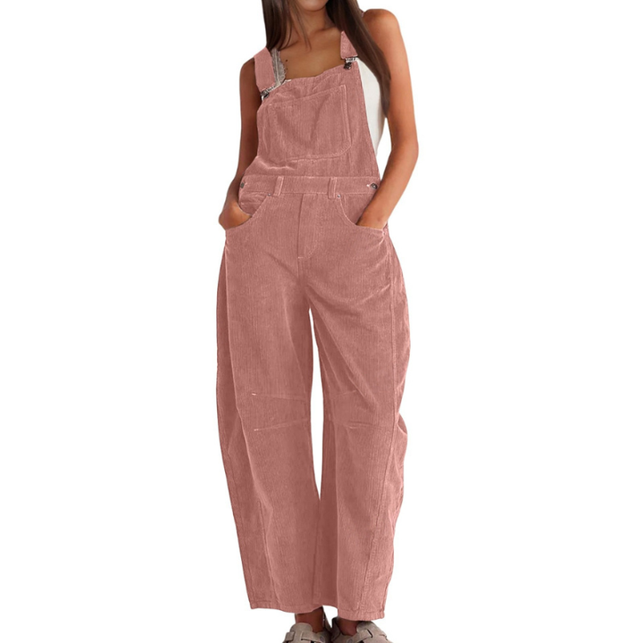 Black corduroy dungarees with a bib pocket, front view.