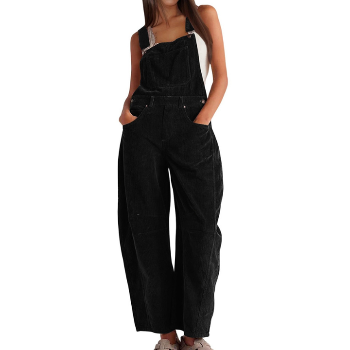 Black corduroy dungarees, front view, with wide barrel legs.