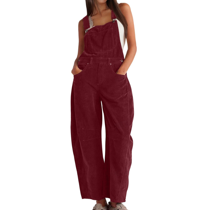 Deep burgundy red corduroy dungarees, front view, with a bib pocket and relaxed wide legs.