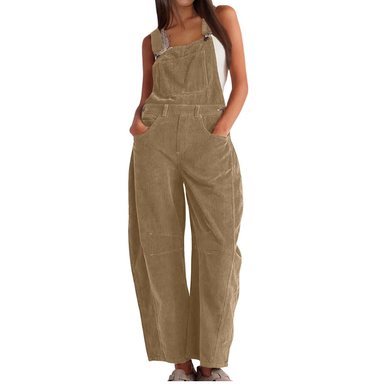 Tan khaki corduroy dungarees, front view, with hands in pockets and a loose wide-leg fit.