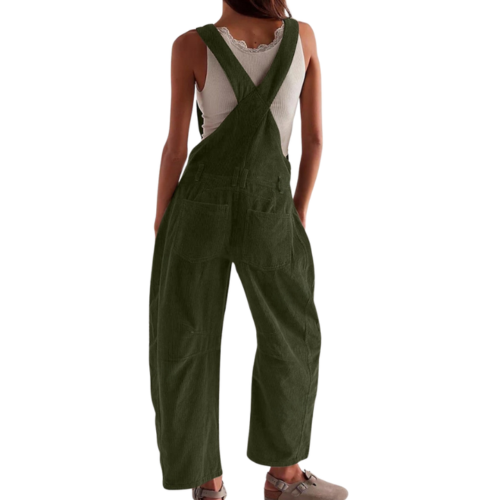 Olive green corduroy dungarees, back view, showing crossed straps and two back pockets.