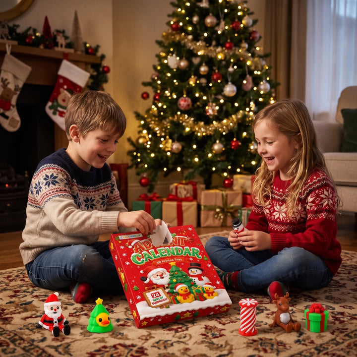 Two smiling children in holiday sweaters open the red calendar box by a lit tree, toys on the rug 1