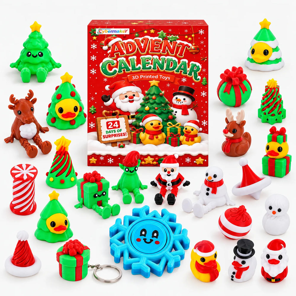 Red calendar box surrounded by all the colorful 3D printed holiday figures, including trees, ducks, Santa, snowmen and a 2