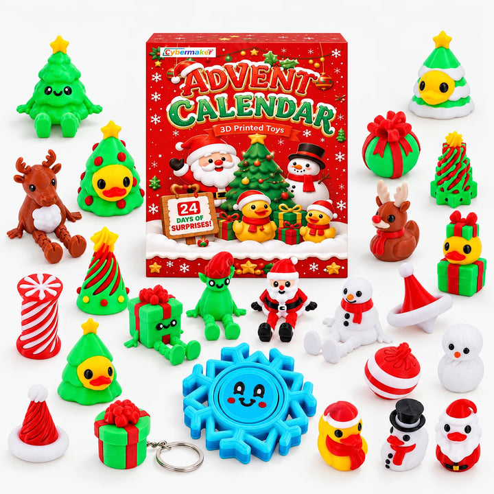 Red calendar box surrounded by all the colorful 3D printed holiday figures, including trees, ducks, Santa, snowmen and a 2
