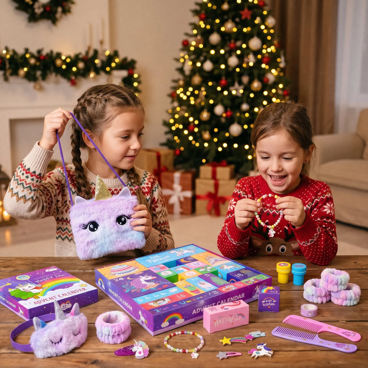 Two girls in holiday sweaters at a table with a purple unicorn advent calendar and gifts 1