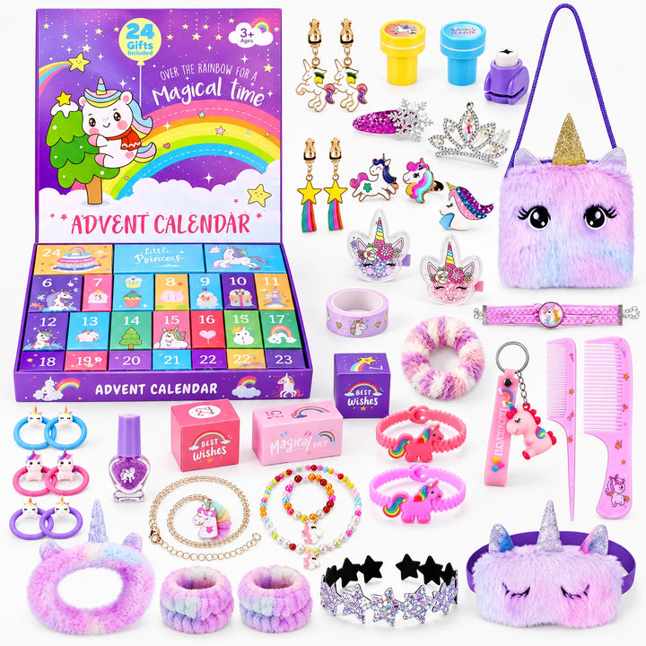 Purple unicorn advent calendar box with numbered compartments, surrounded by all the small gifts it contains 2
