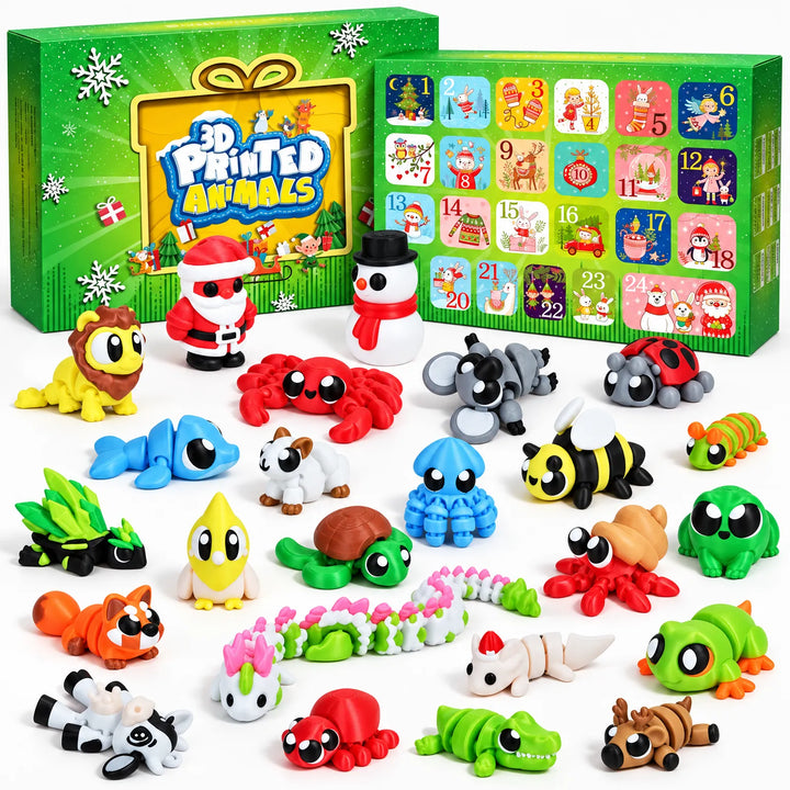 Green gift box with numbered door panels and all 24 colorful toy animals and figures laid out below 2