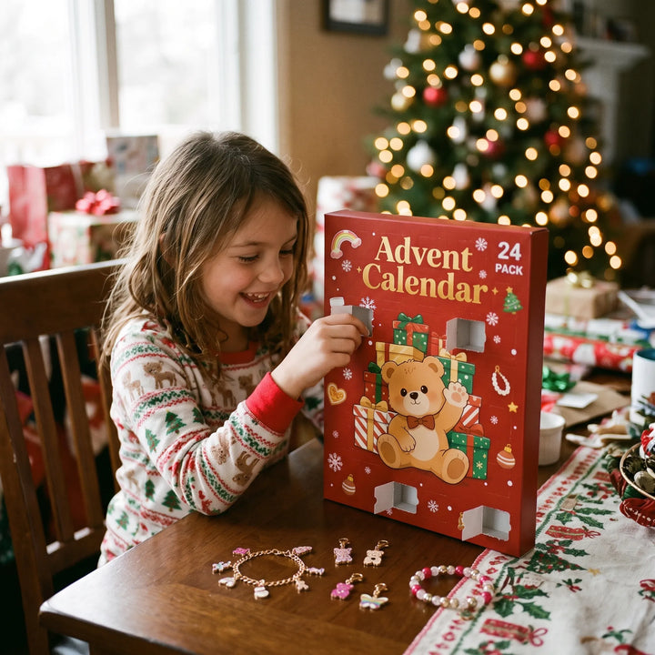 Smiling girl in holiday pajamas opens a door on the red teddy bear advent box beside a Christmas tree 1