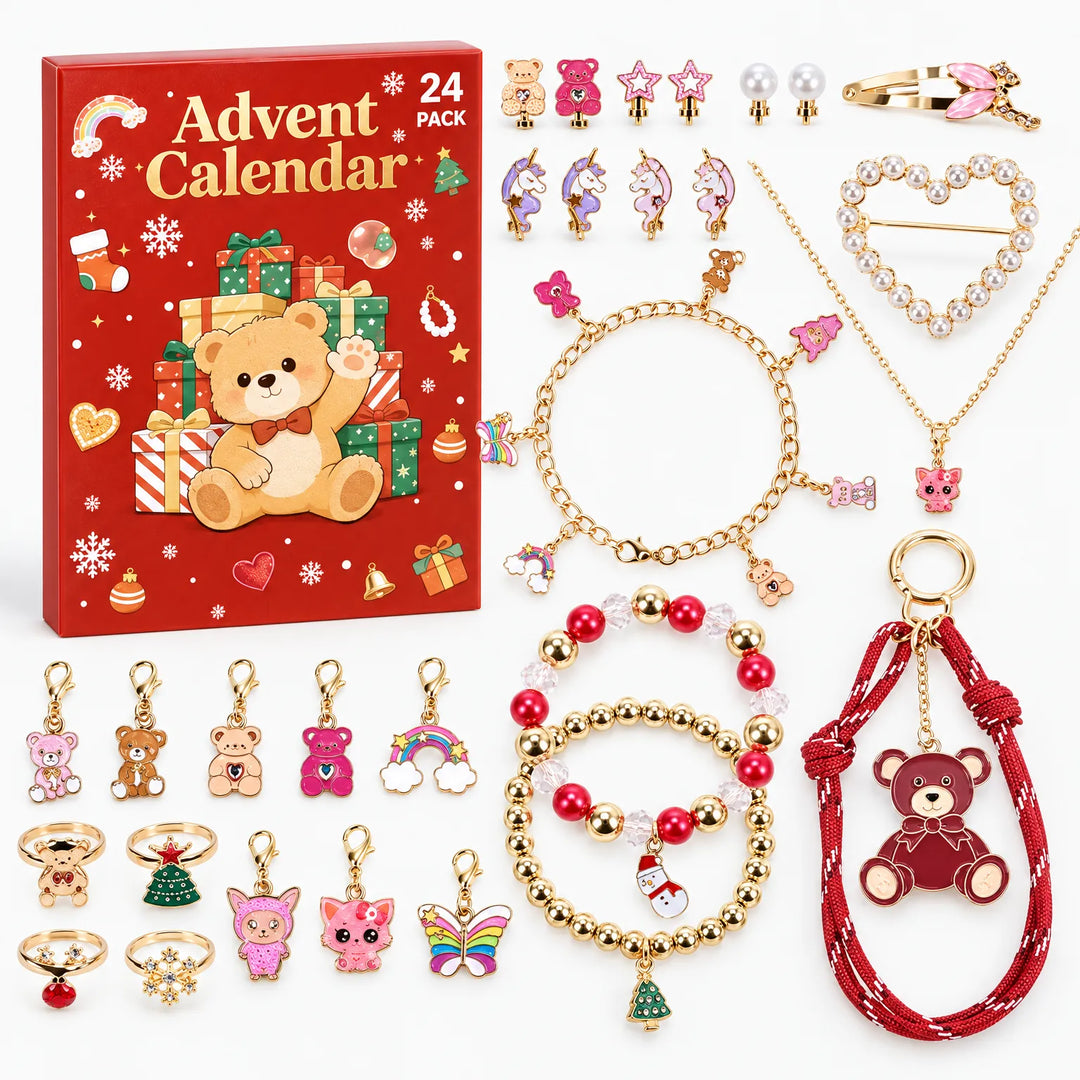 Red teddy bear advent box laid out with all its gold charms, beaded bracelets, rings, earrings and necklace 2