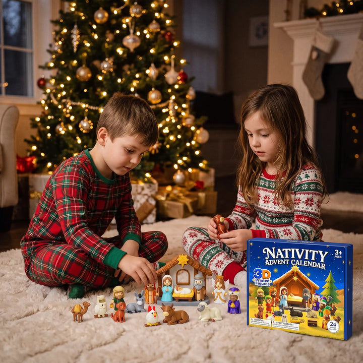 Two children in holiday pajamas on a white rug by a lit tree, playing with the nativity figures and box 1