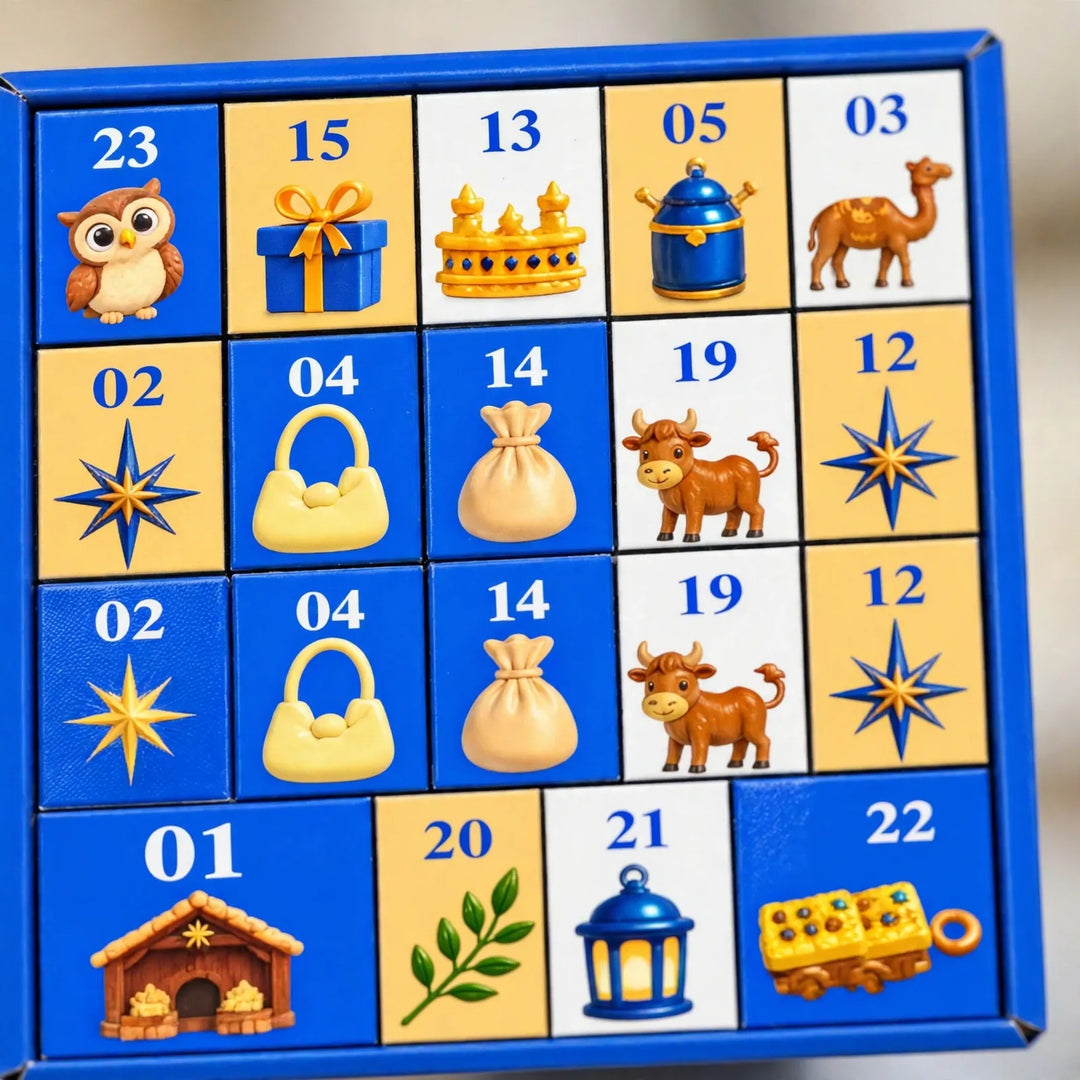 Close-up of the blue box's numbered door grid, with small icons like an owl, camel, ox and star 3