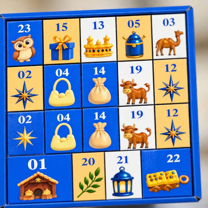 Close-up of the blue box's numbered door grid, with small icons like an owl, camel, ox and star 3