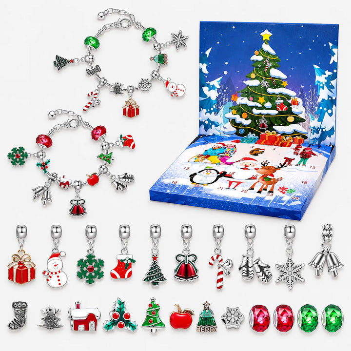 Flat lay of the open advent box with two assembled charm bracelets above and the loose Christmas charms and beads below. 2