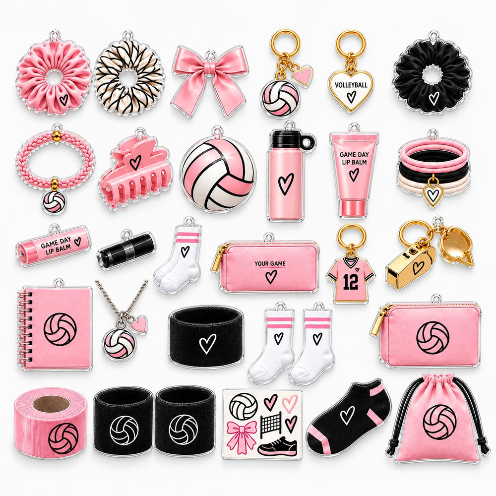 Flat lay of pink, black and white volleyball-themed charms including a whistle, socks, a notebook and hair accessories 2