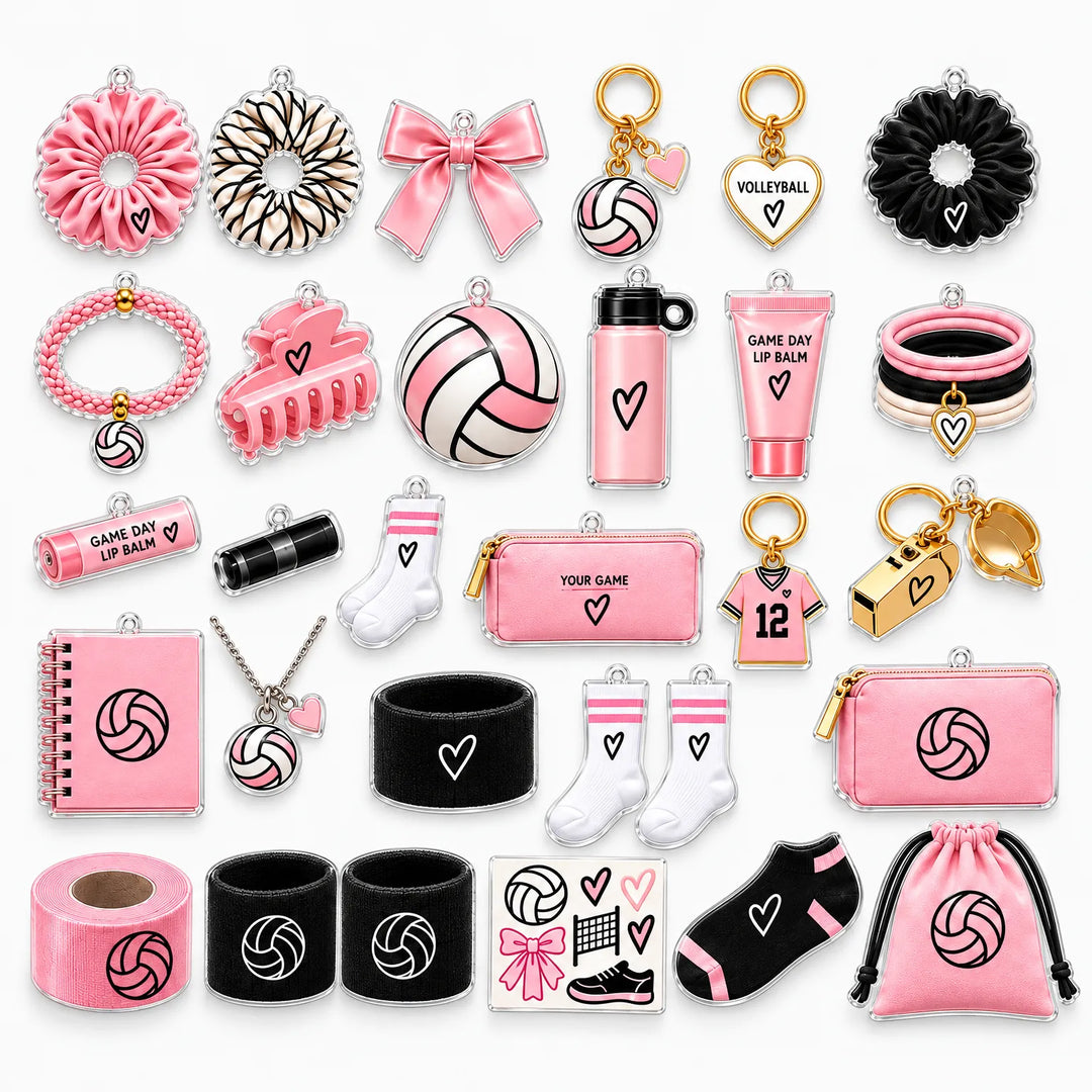 Flat lay of pink, black and white volleyball-themed charms including a whistle, socks, a notebook and hair accessories 2
