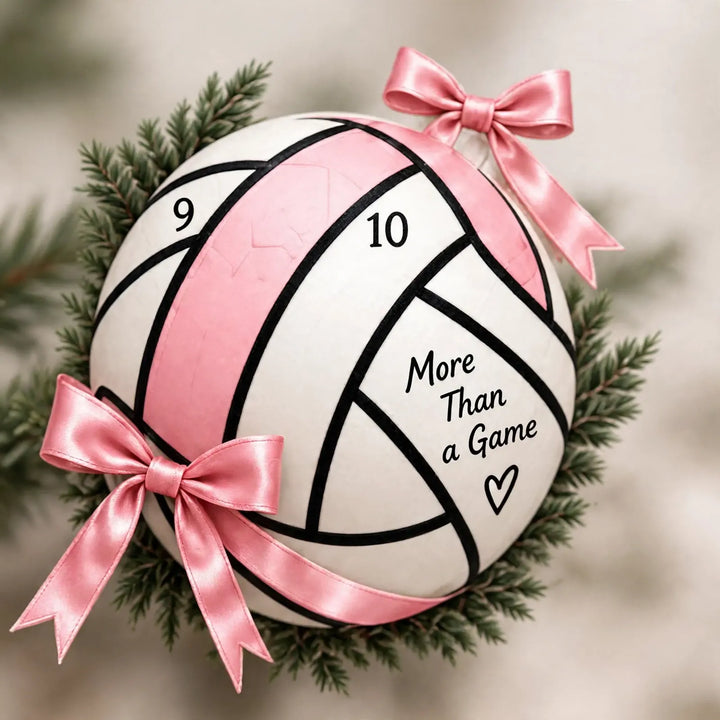 Close-up of the calendar's pink and white volleyball design with satin bows, evergreen sprigs and numbered panels 3