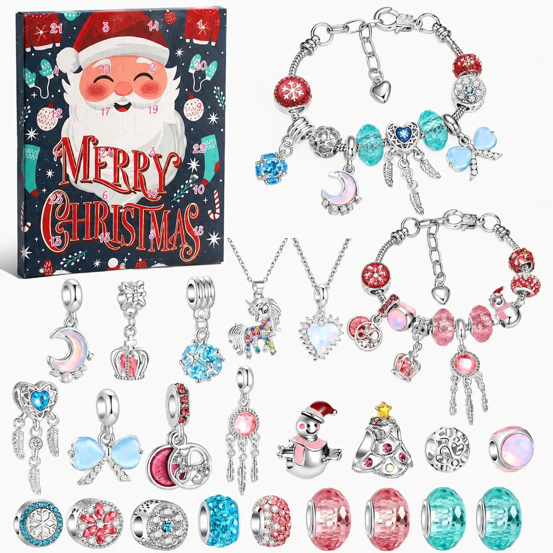 Set with Santa-faced calendar box, two bracelets, two necklaces, and loose moon, dreamcatcher, snowman charms and pink and teal beads. 9