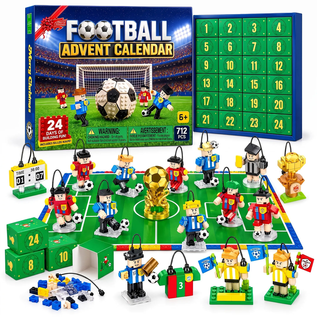 Boxed calendar with 24 numbered green doors, surrounded by brick players, a pitch, a scoreboard and trophies 2