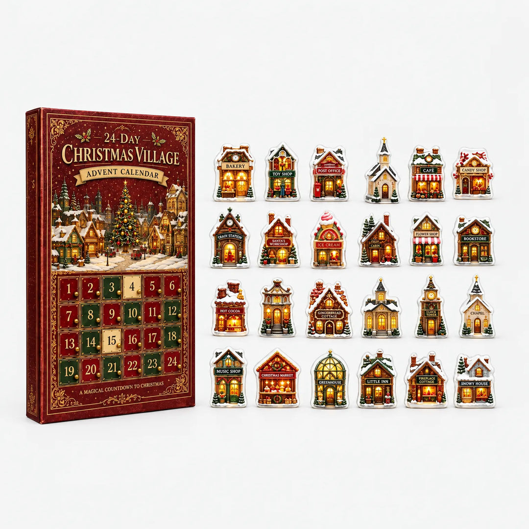 Red box with numbered doors beside all 24 miniature village buildings with snowy roofs and glowing windows, arranged in four rows on white. 2
