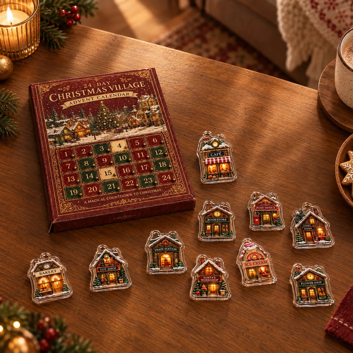Closed red calendar box on a wooden table with ten clear acrylic village ornaments laid out, near a candle and cocoa mug. 3