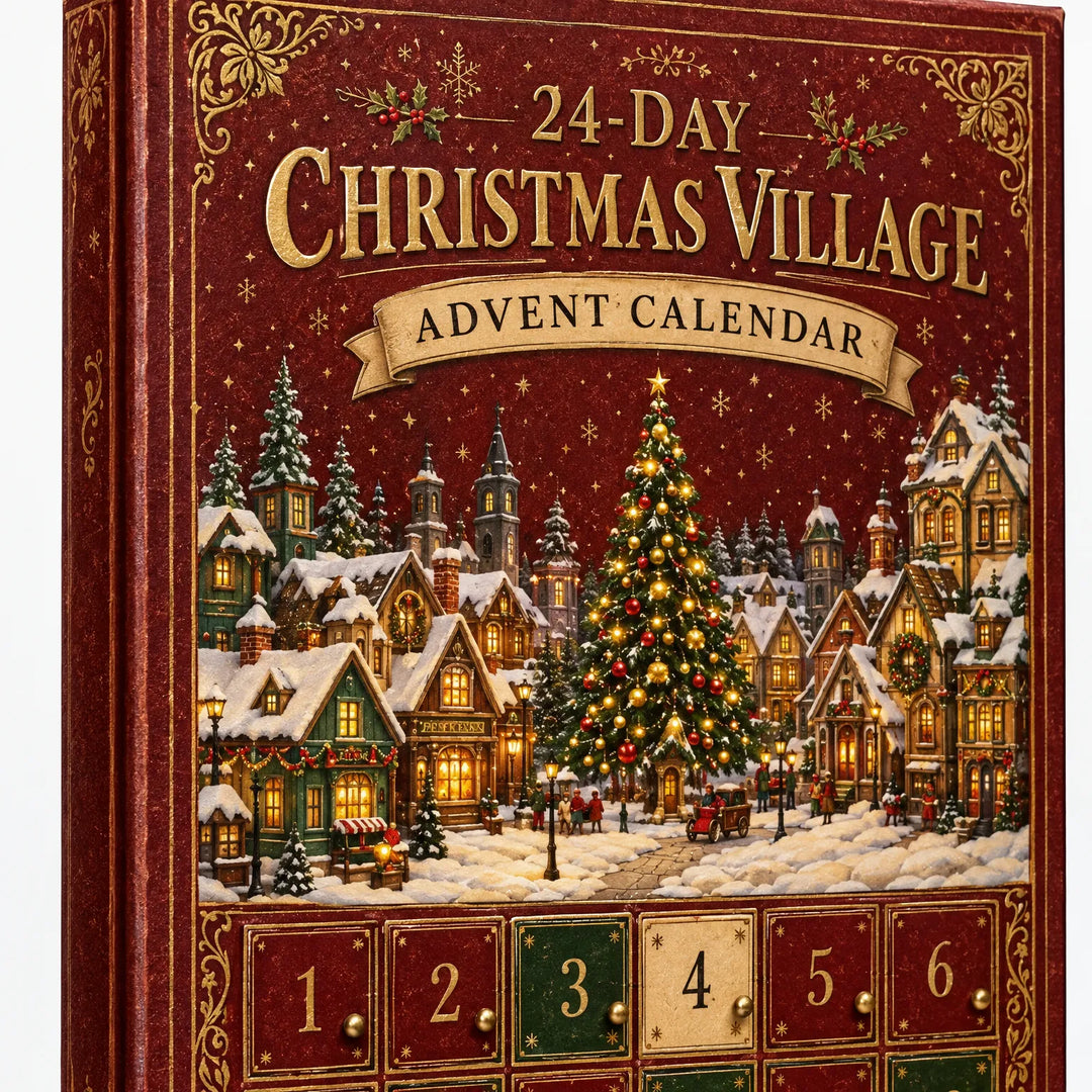 Close-up of the red and gold box front showing a snowy village scene with a lit tree above the numbered doors. 4