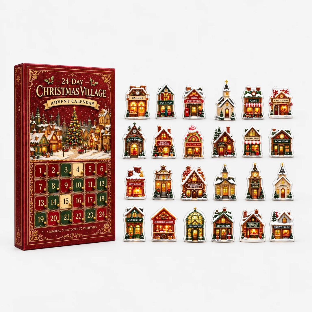 Front view of the red calendar box standing next to its 24 miniature village buildings in four neat rows on white. 5