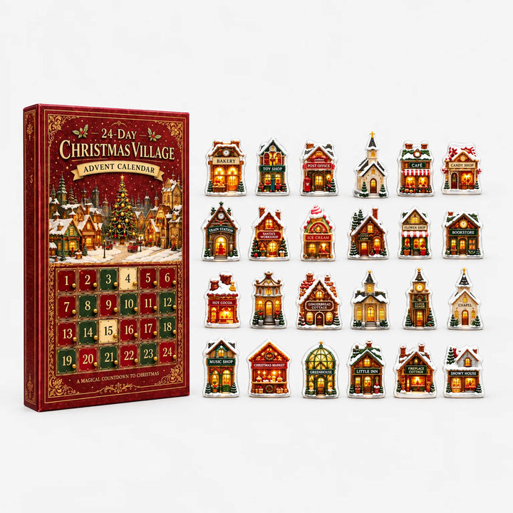 Front view of the red calendar box standing next to its 24 miniature village buildings in four neat rows on white. 5