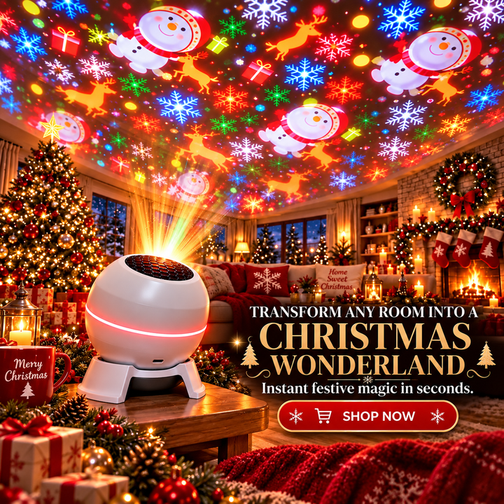 White projector on a coffee table projecting colorful snowmen, reindeer and snowflakes onto the ceiling.