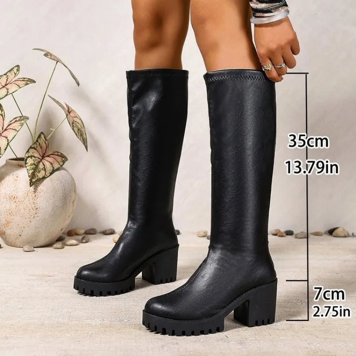 Chunky Heel Knee High Boots - Stella