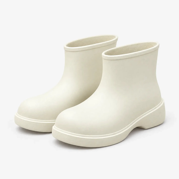 Pair of cream-white ankle boots on a white background, angled to show the thick platform sole and open top. 5