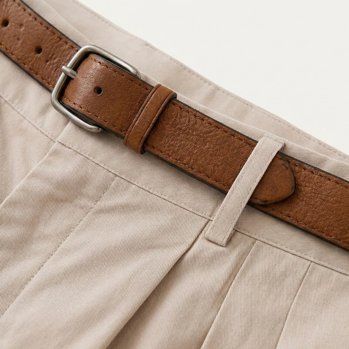 Close-up of the beige waistband with belt loop, front pleats and a tan leather belt with silver buckle.