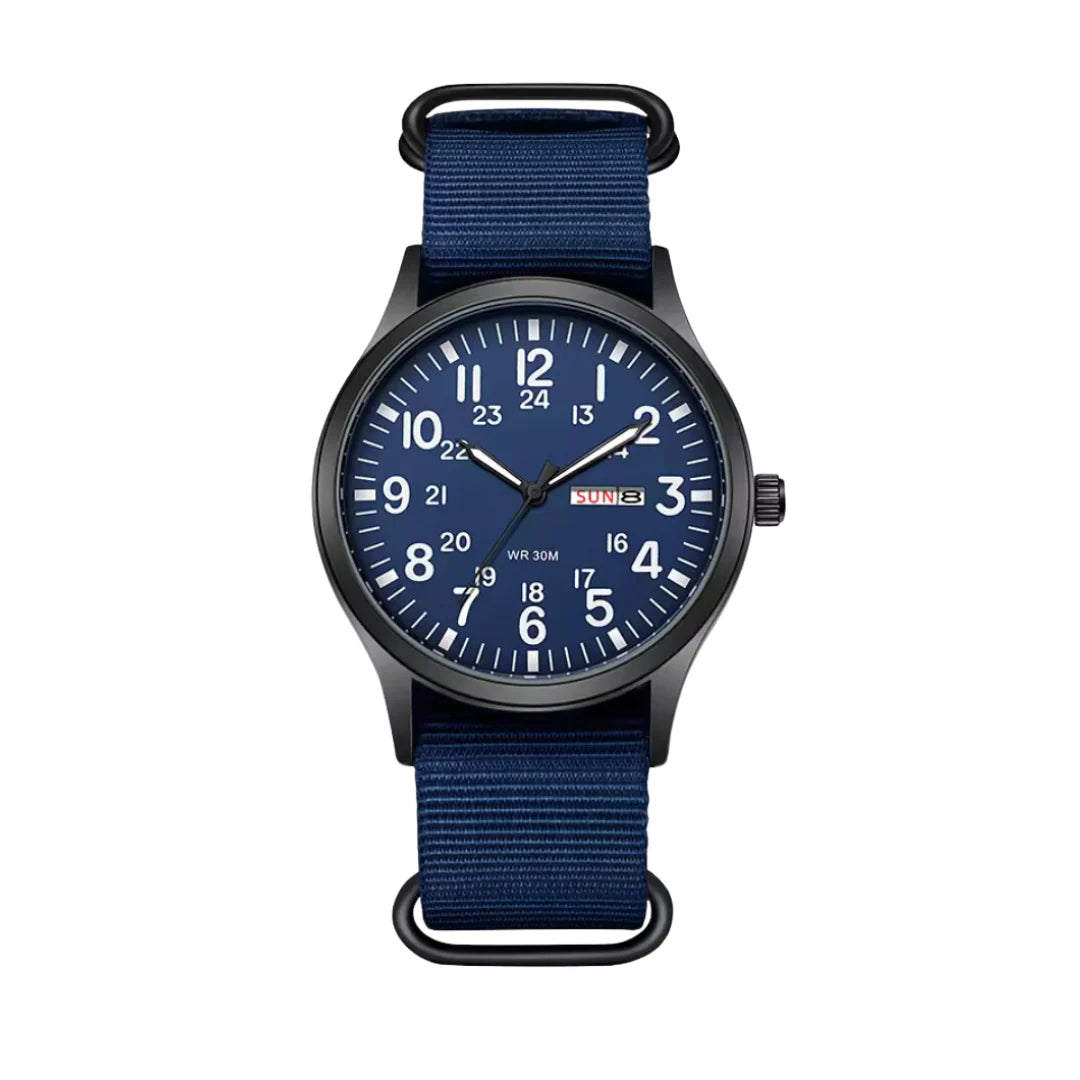Men's field watch with a navy blue dial and matching navy woven strap, front view.