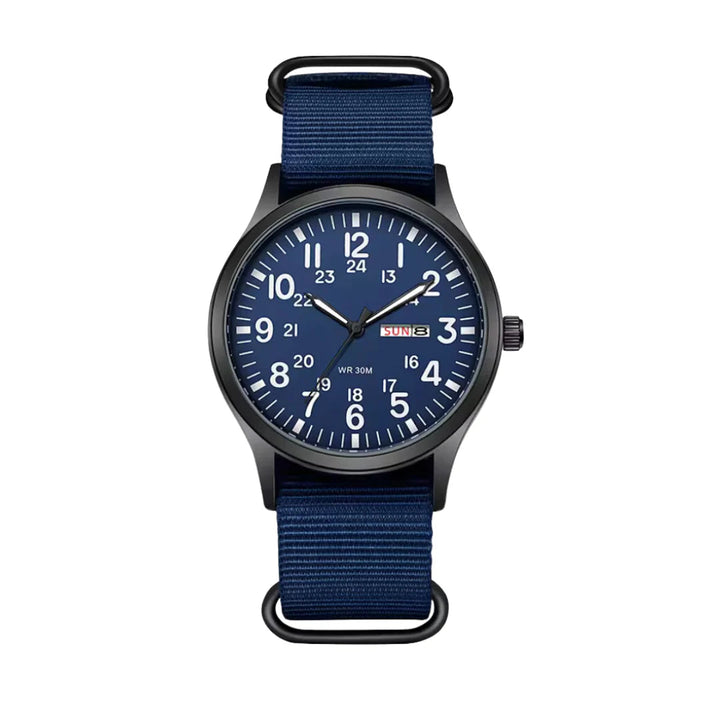 Men's field watch with a navy blue dial and matching navy woven strap, front view.