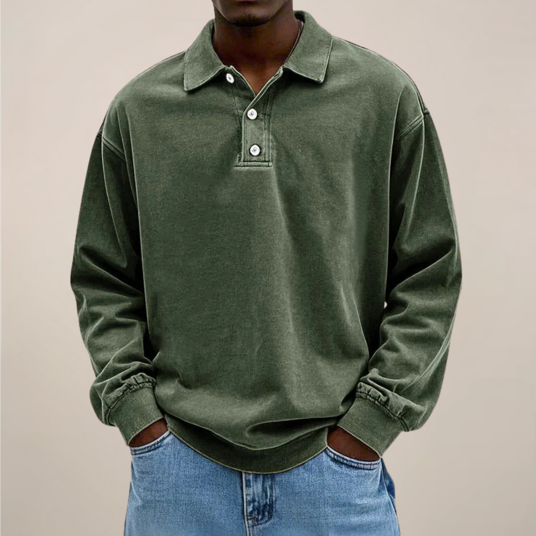 Men's relaxed-fit long sleeve polo in muted olive green, front view.