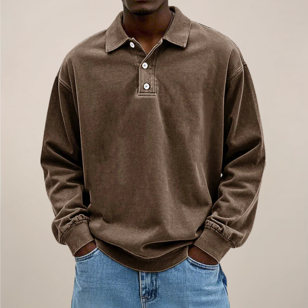 Men's relaxed-fit long sleeve polo in washed brown, front view.