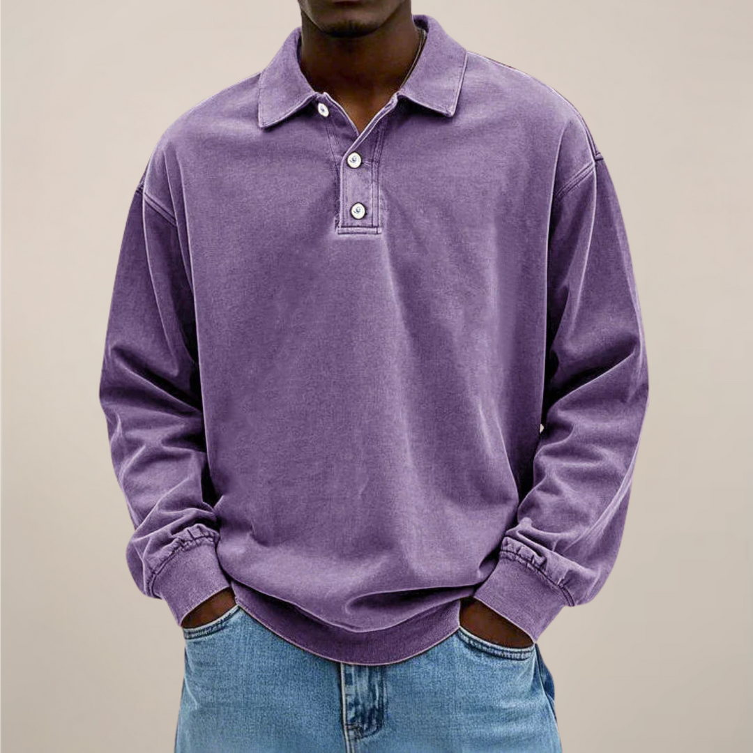 Men's relaxed-fit long sleeve polo in washed purple, front view.