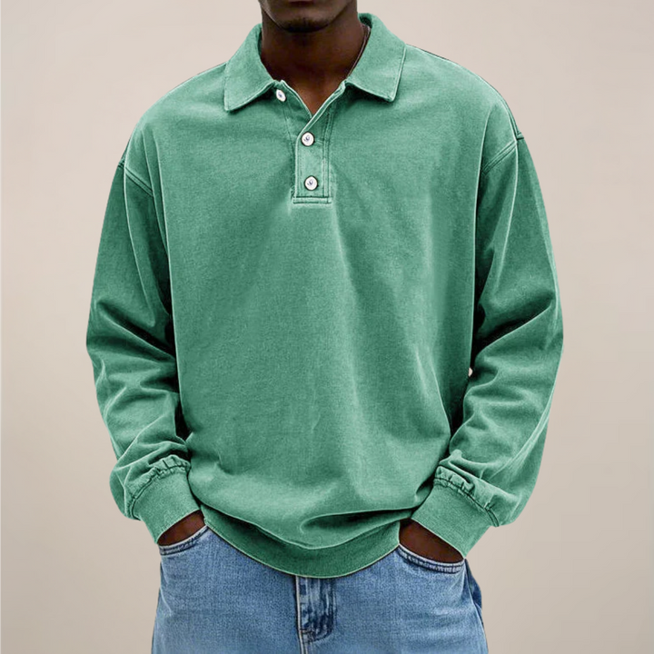 Men's relaxed-fit long sleeve polo in washed mint green, front view.