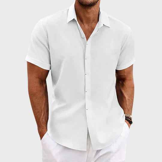 Men's short sleeve linen shirt in white, another view with a button-up front and cuffed sleeves.
